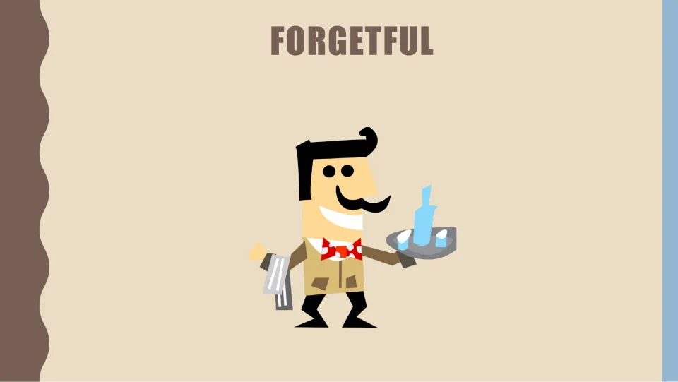 Forgetful server character card for the restaurant role play, showing a waiter carrying a tray of drinks.