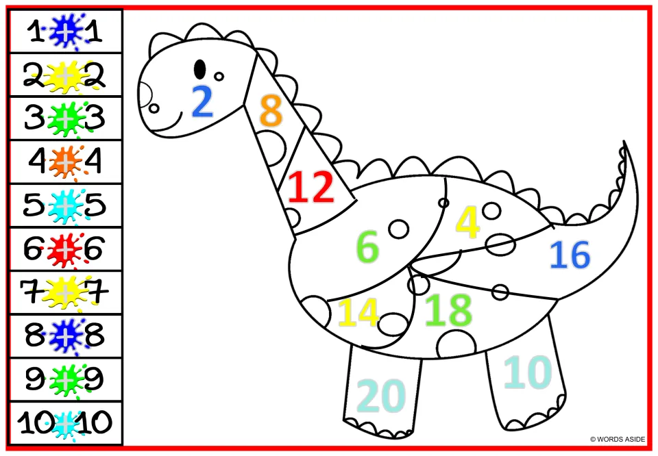 Doubles addition color-by-number page 1: long-neck dinosaur with sums 2–20 and a color key for 1+1 through 10+10