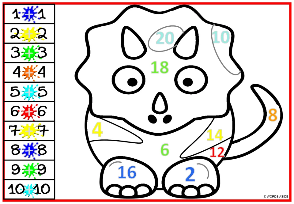 Doubles addition color-by-number page 3: front-facing horned dinosaur with sums 2–20 and facts 1+1 through 10+10