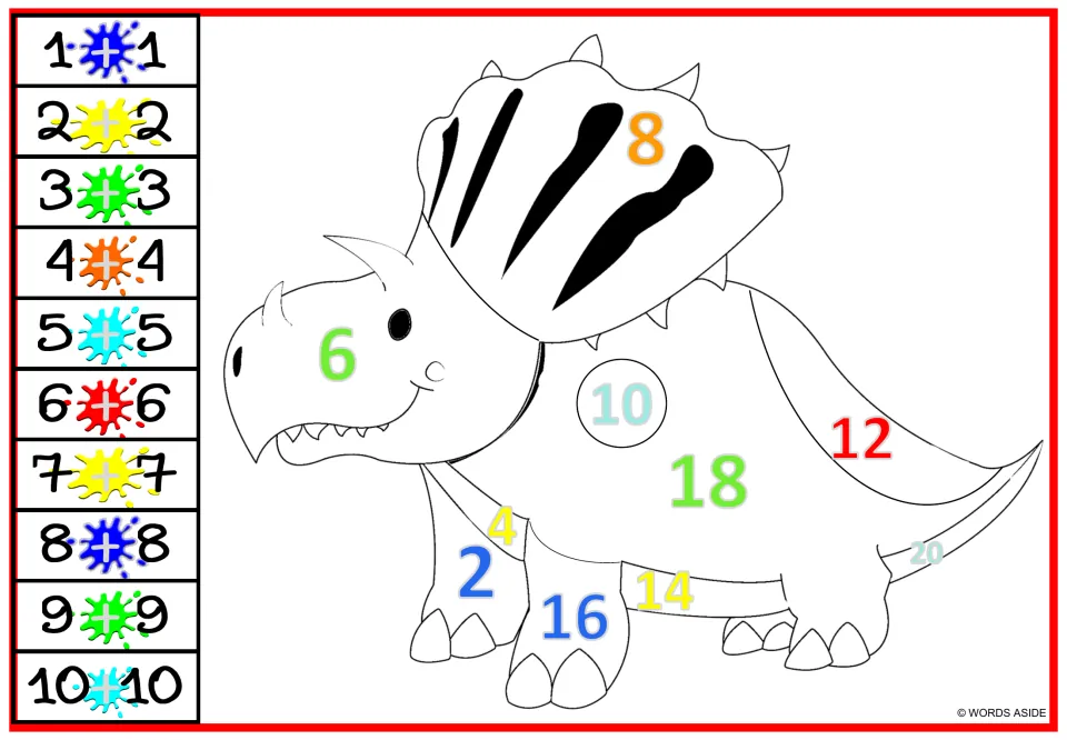 Doubles addition color-by-number page 4: side-view horned dinosaur with sums 2–20 and facts 1+1 through 10+10