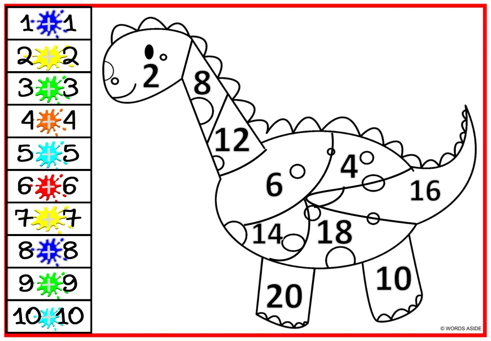 Doubles facts color by number: students solve 1+1 to 10+10 and color a long-necked dinosaur's sums 2 to 20 by key