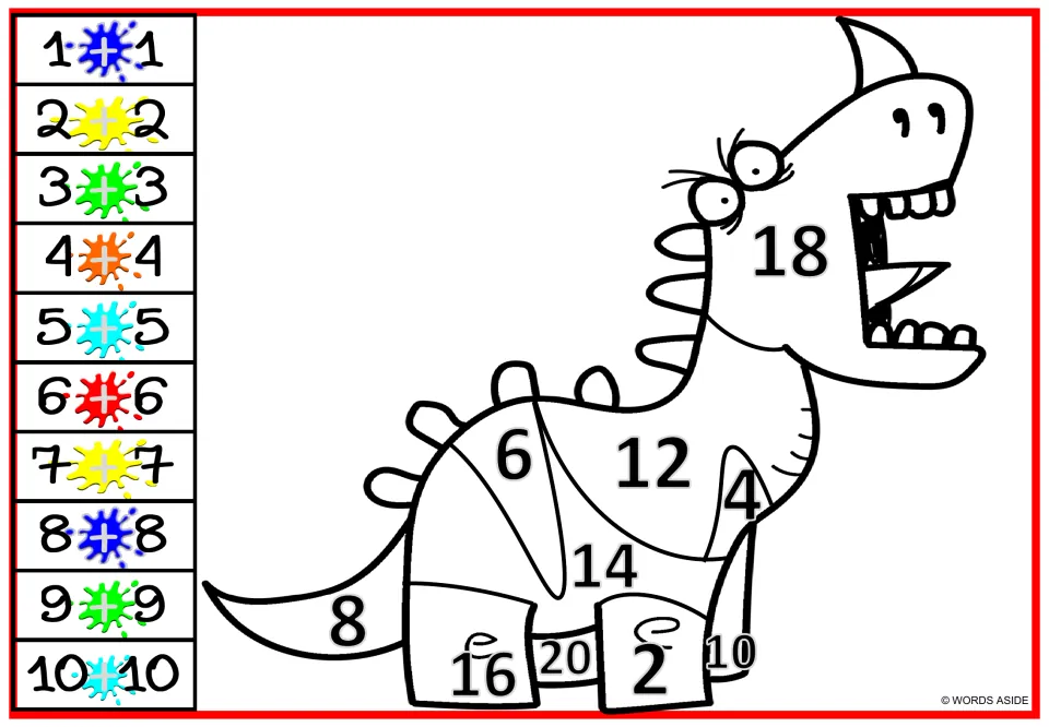 Addition doubles coloring: students match sums 2 to 20 on a roaring horned dinosaur to the colors of the 1+1 to 10+10 key