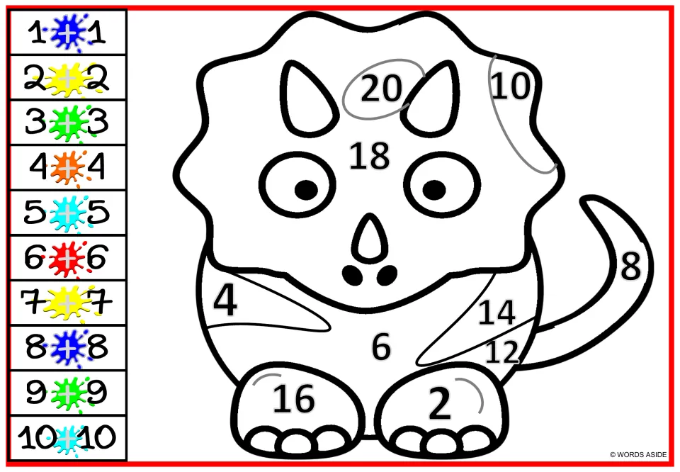 Doubles color by number: a front-facing triceratops with sums 2 to 20; students add each double and color using the key