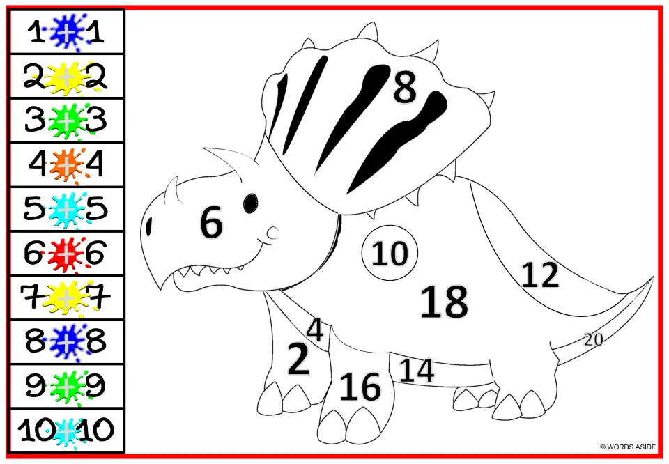 Doubles to 10+10 coloring: students find each double's sum and color the 2 to 20 sections of a frilled, smiling dinosaur