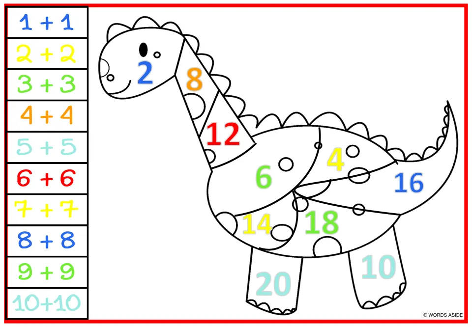 Doubles coloring sheet 1: a long-necked dinosaur labeled with sums 2–20 and a color key from 1 + 1 to 10 + 10.