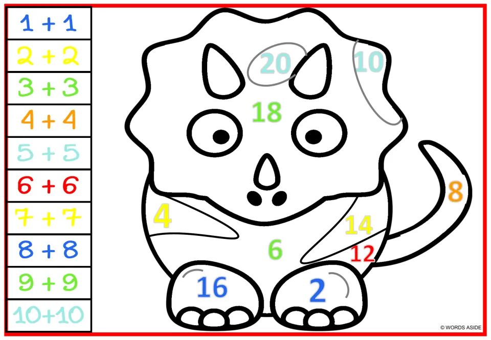 Doubles coloring sheet 3: a front-facing, three-horned dinosaur with sums 2–20 and a doubles color key.