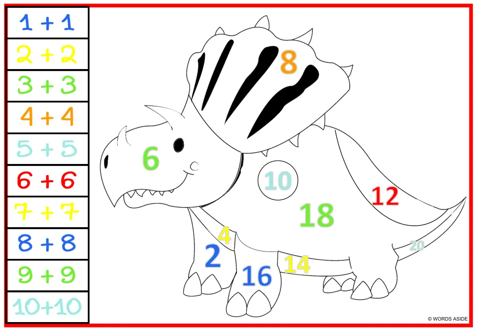 Doubles coloring sheet 4: a side-facing, frilled dinosaur with sums 2–20 and a key from 1 + 1 to 10 + 10.