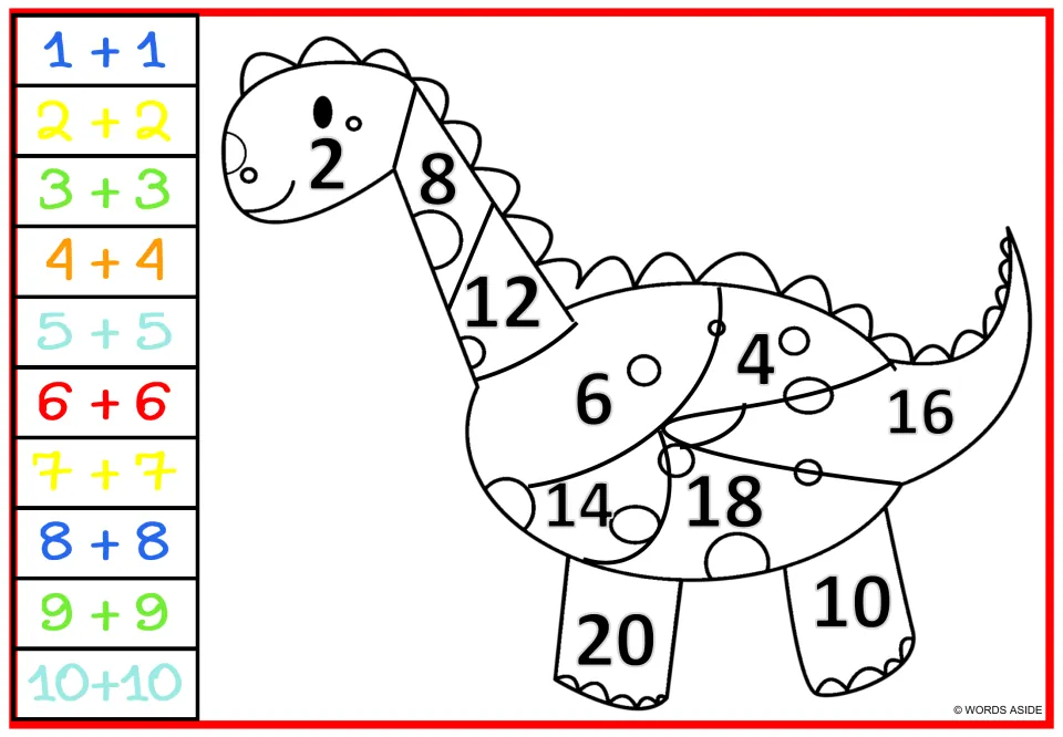 Long-necked dinosaur color by number: students solve doubles facts 1+1 to 10+10 and color each sum in its key color