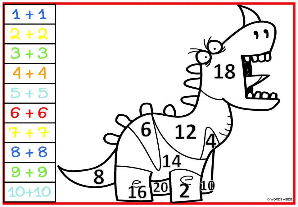 Roaring dinosaur with open jaws: students add doubles from 1+1 to 10+10, then color sections marked 2 to 20 by the key
