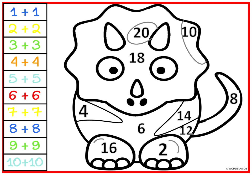Baby triceratops color by number: students find which doubles fact makes each sum from 2 to 20 and shade it in that color