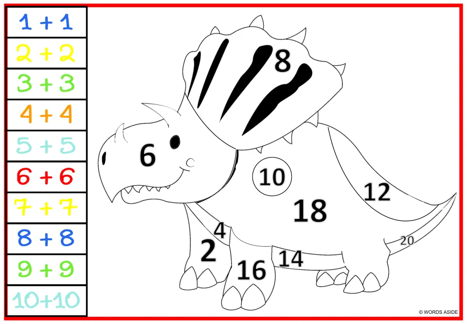 Frilled dinosaur with striped crest: students match sums like 8, 10 and 18 to doubles facts in the key and color each part