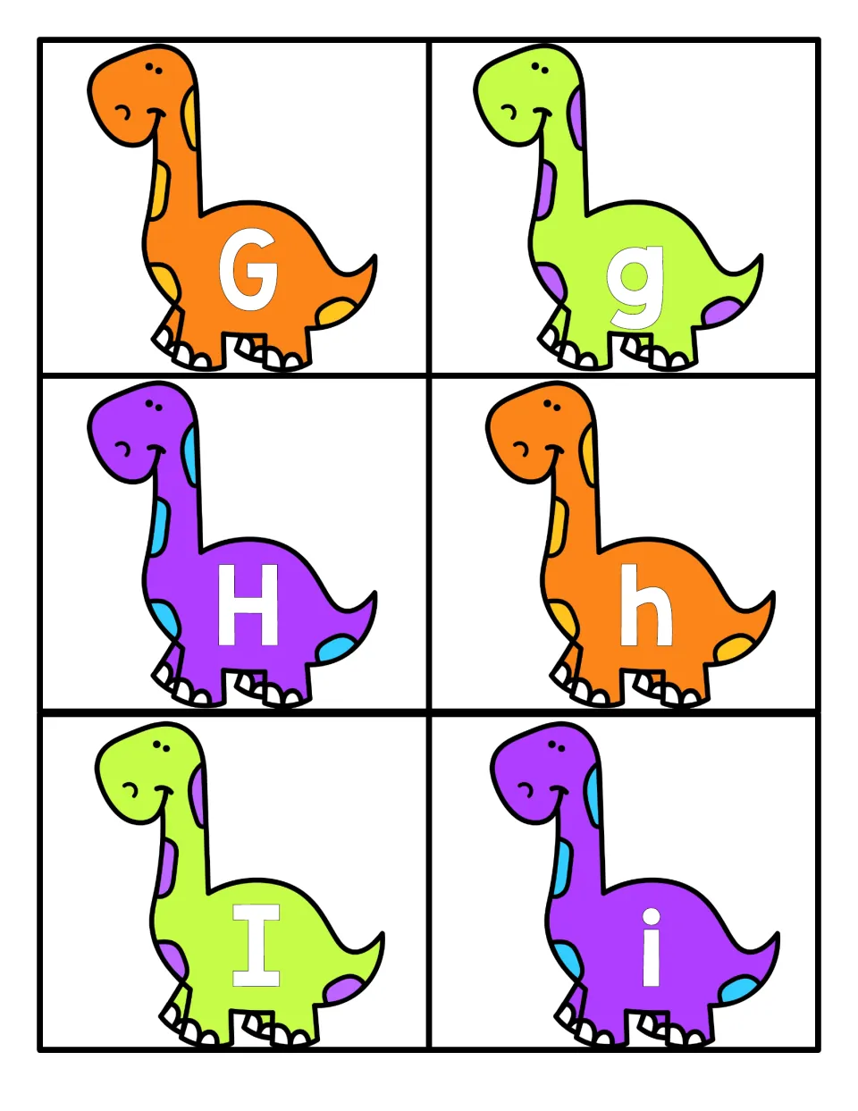 Letters G, H and I: six smiling dinosaur cards show capital and small letters so children can pair G-g, H-h and I-i