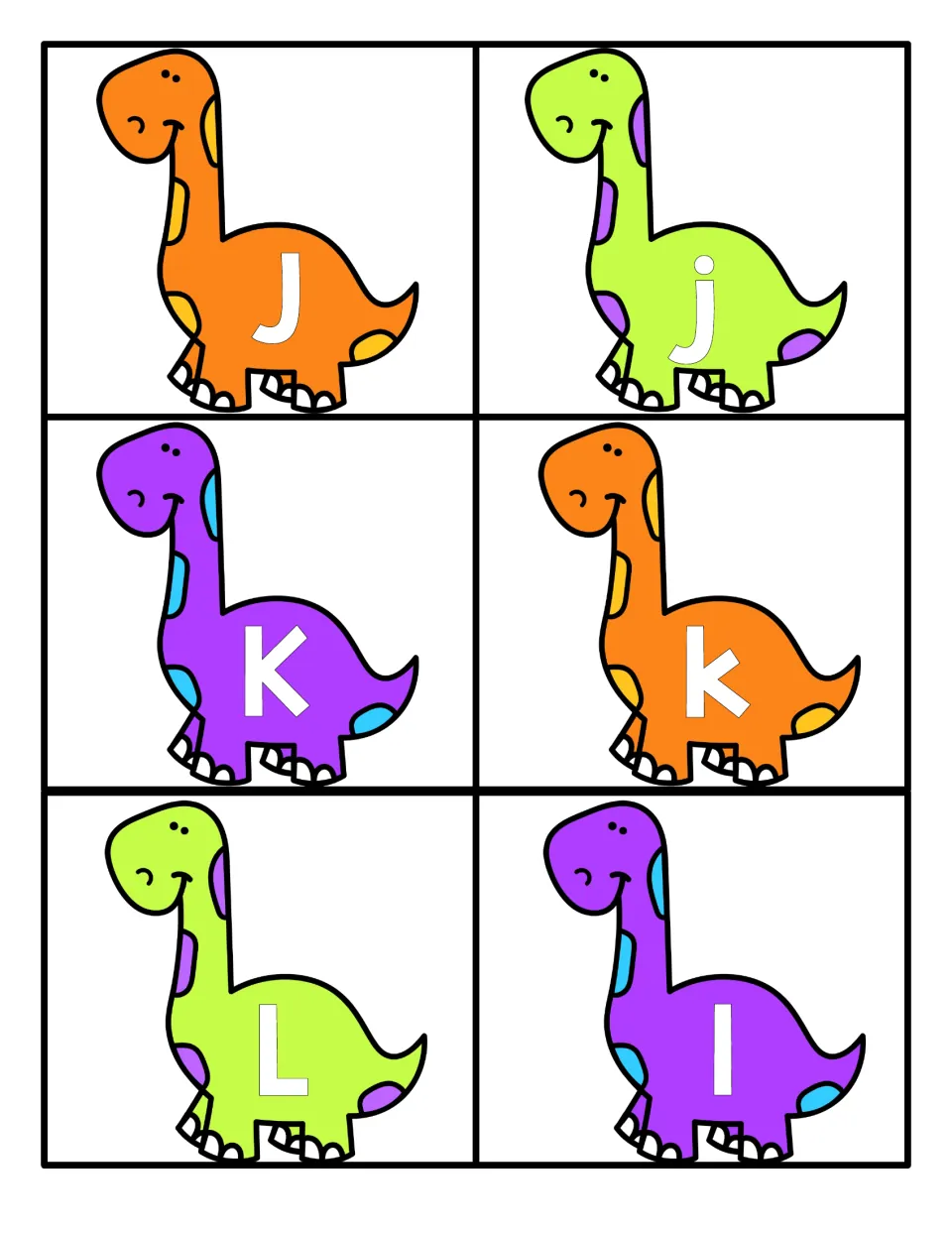 Letters J, K and L: dinosaur cards with one uppercase or lowercase letter each, for matching J-j, K-k and L-l letter pairs
