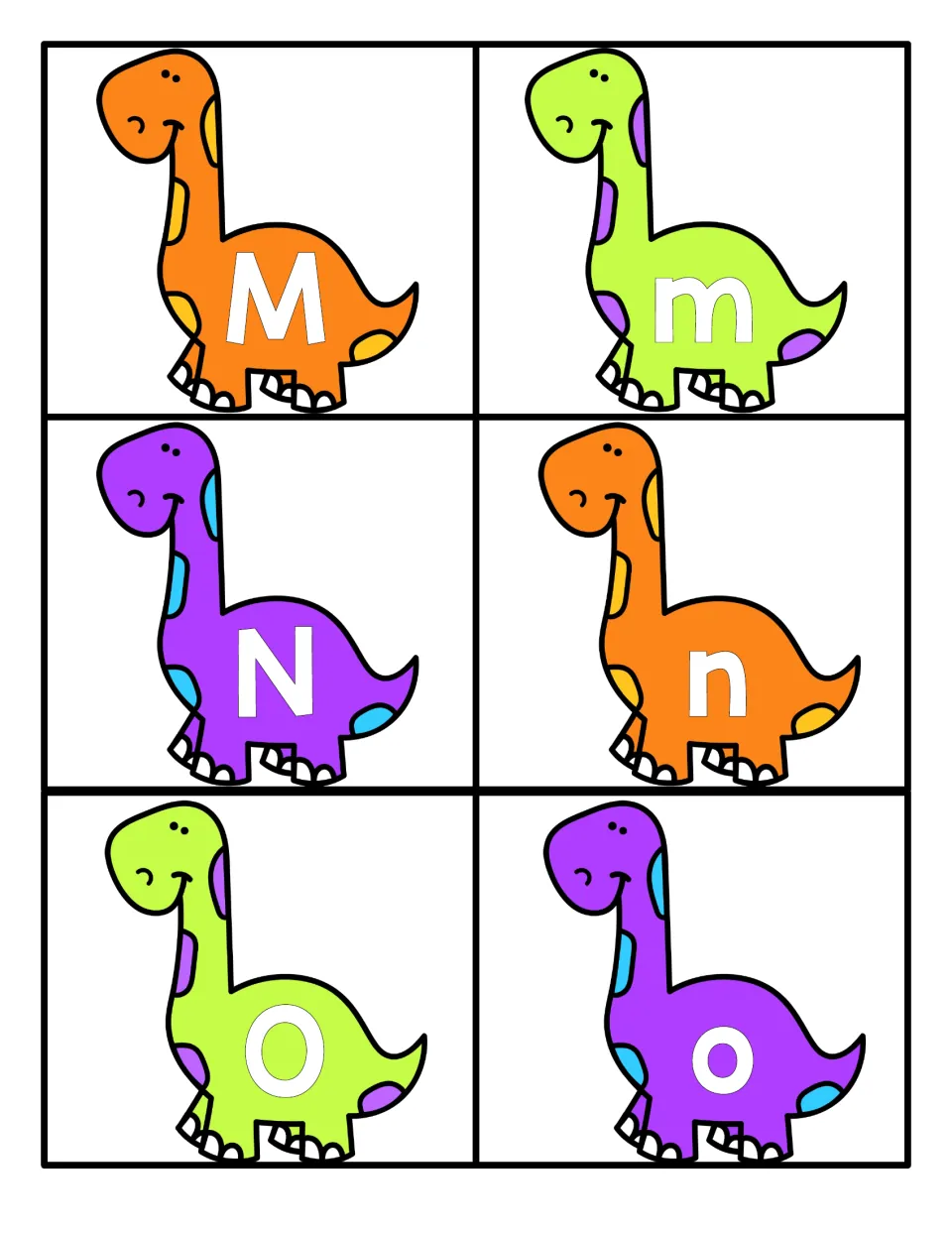 Letters M, N and O: six dinosaur cards with capital and lowercase letters to sort into the pairs M-m, N-n and O-o