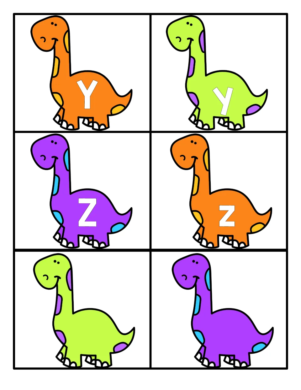 Letters Y and Z: four dinosaur cards for matching Y-y and Z-z, plus two blank dinosaur cards with no letter printed