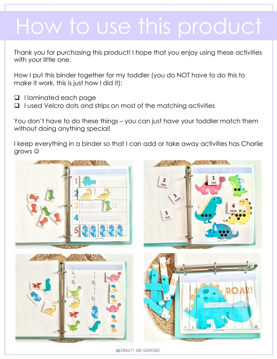 Setup tips: laminate pages and add Velcro dots; photos show counting, number, pattern and puzzle pages in a binder