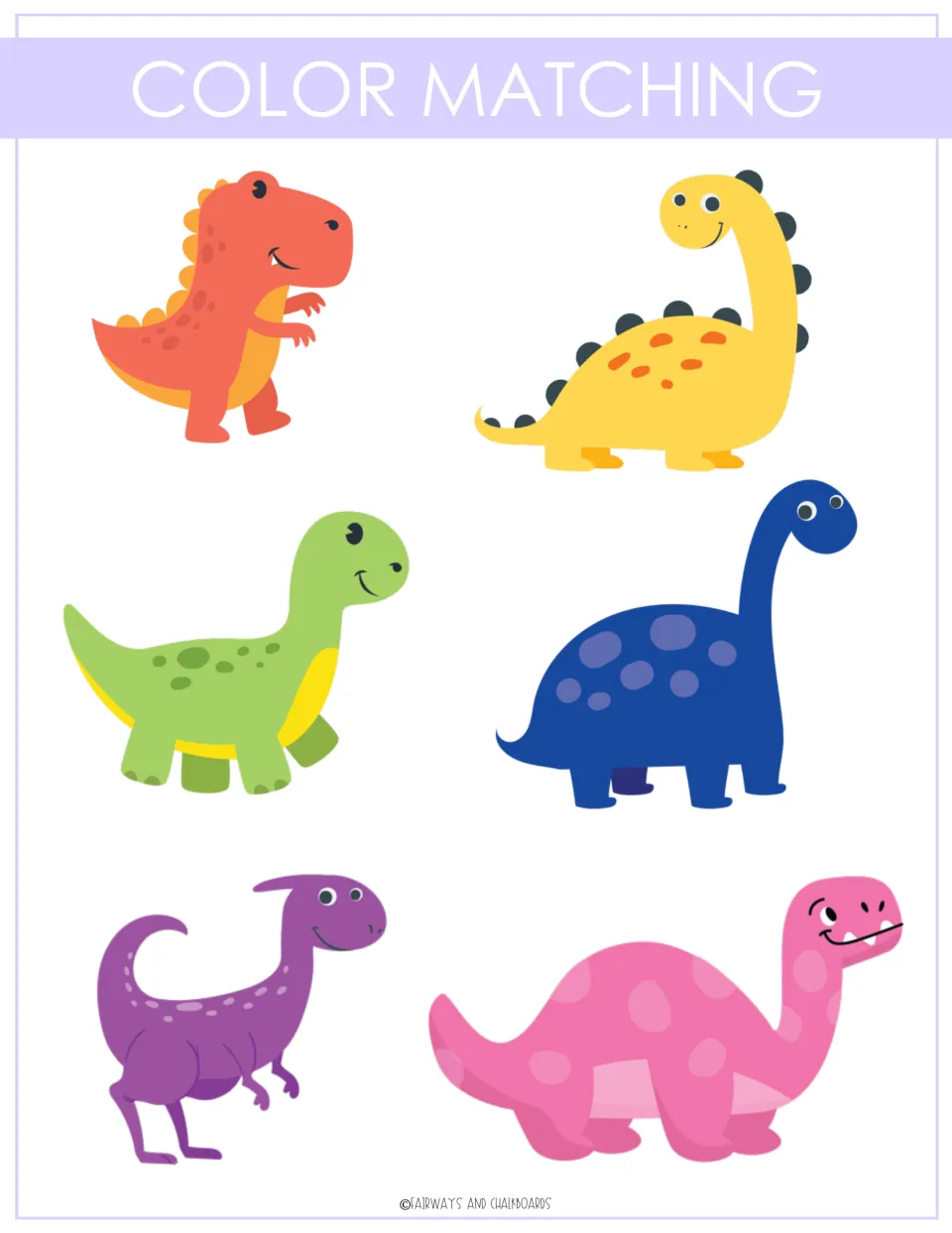 Color matching: children place colored circles on six dinosaurs in orange, yellow, green, blue, purple and pink