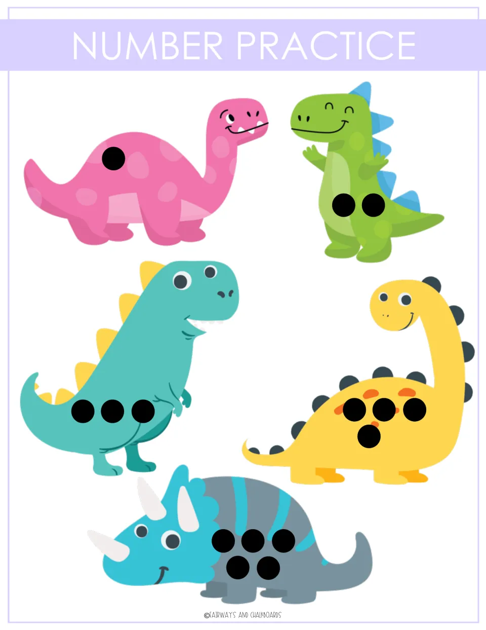 Number practice: five dinosaurs marked with 1 to 5 black dots so children count the dots and attach a number card