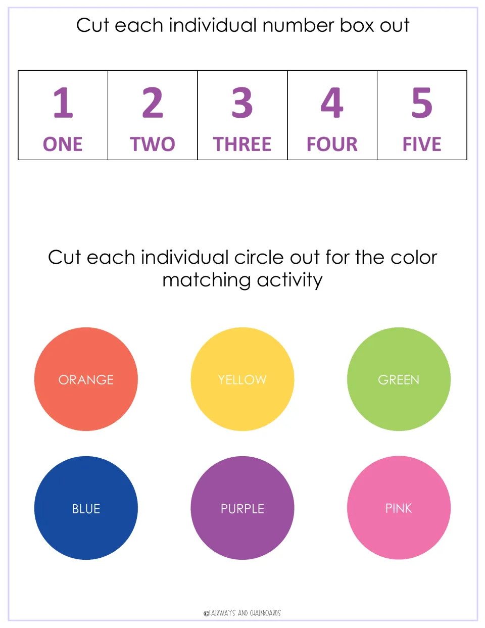 Cut-out pieces: number cards 1 to 5 with number words, plus six labeled color circles from orange to pink