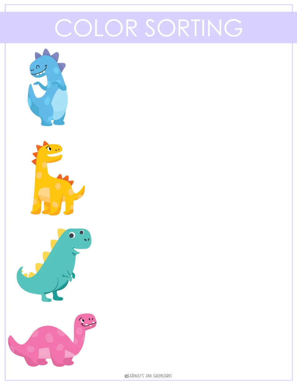 Color sorting: blue, yellow, teal and pink dinosaurs each start a row where children place matching colored rectangles