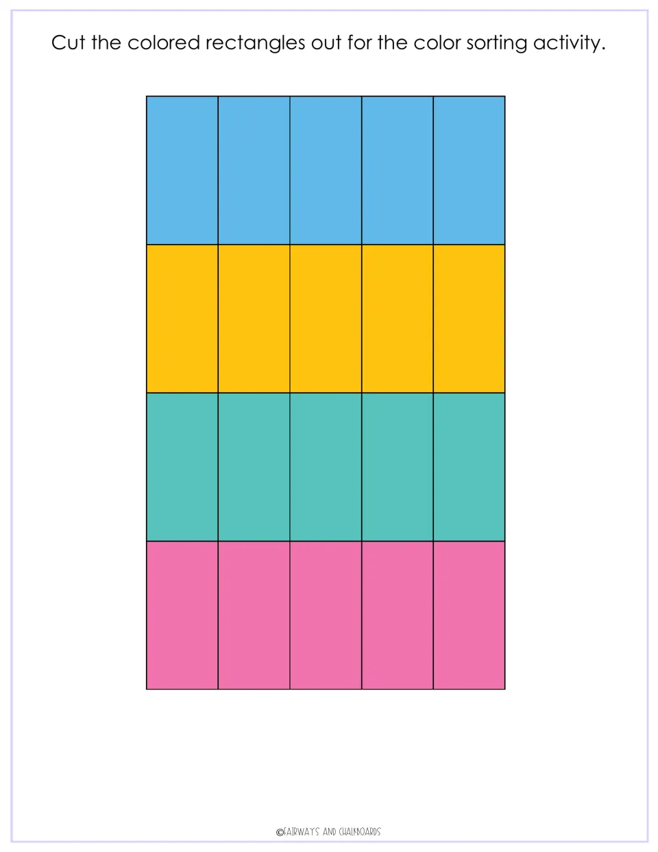 Cut-out rectangles for color sorting: five each of blue, yellow, teal and pink to place beside the matching dinosaur
