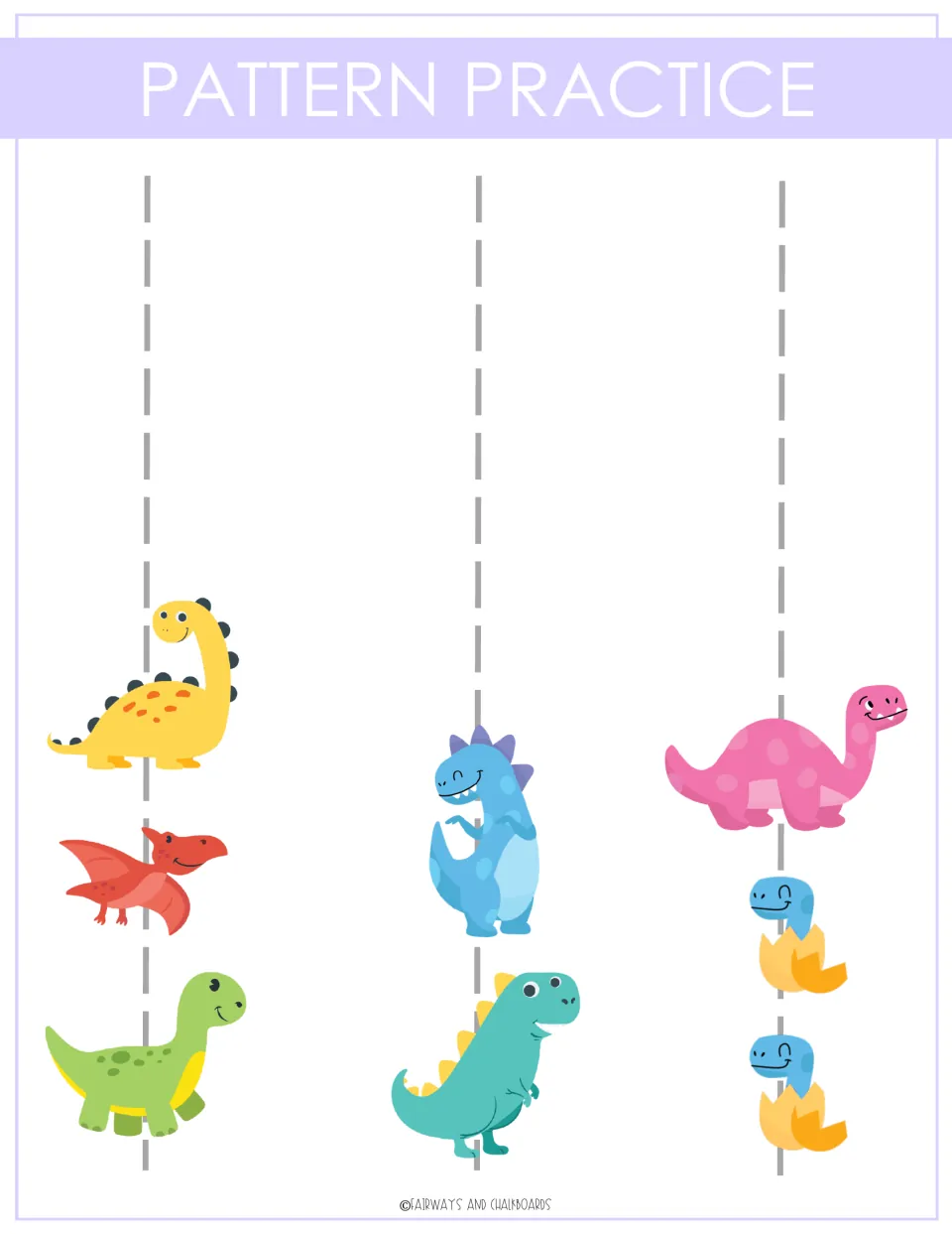 Pattern practice: children extend three dinosaur sequences, such as yellow, red, green, by adding cut-out dinosaurs