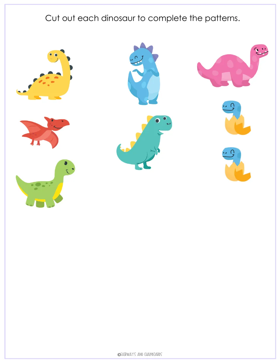 Pattern pieces to cut out: yellow, green, blue, teal and pink dinosaurs, a red pterodactyl and two hatching babies