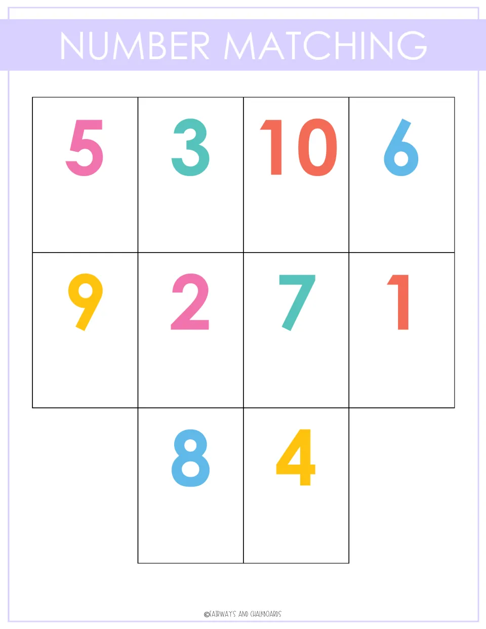 Number matching: colorful numerals 1 to 10 in mixed order (5, 3, 10, 6, 9, 2, 7, 1, 8, 4) for children to match