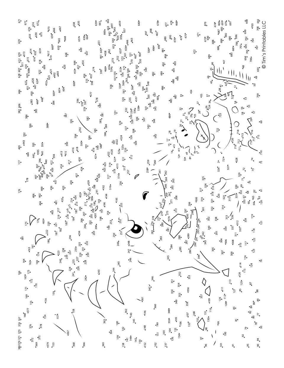 Dinosaur and caveman dot-to-dot: students join numbered dots from 1 to over 700 to reveal a dinosaur chasing a caveman