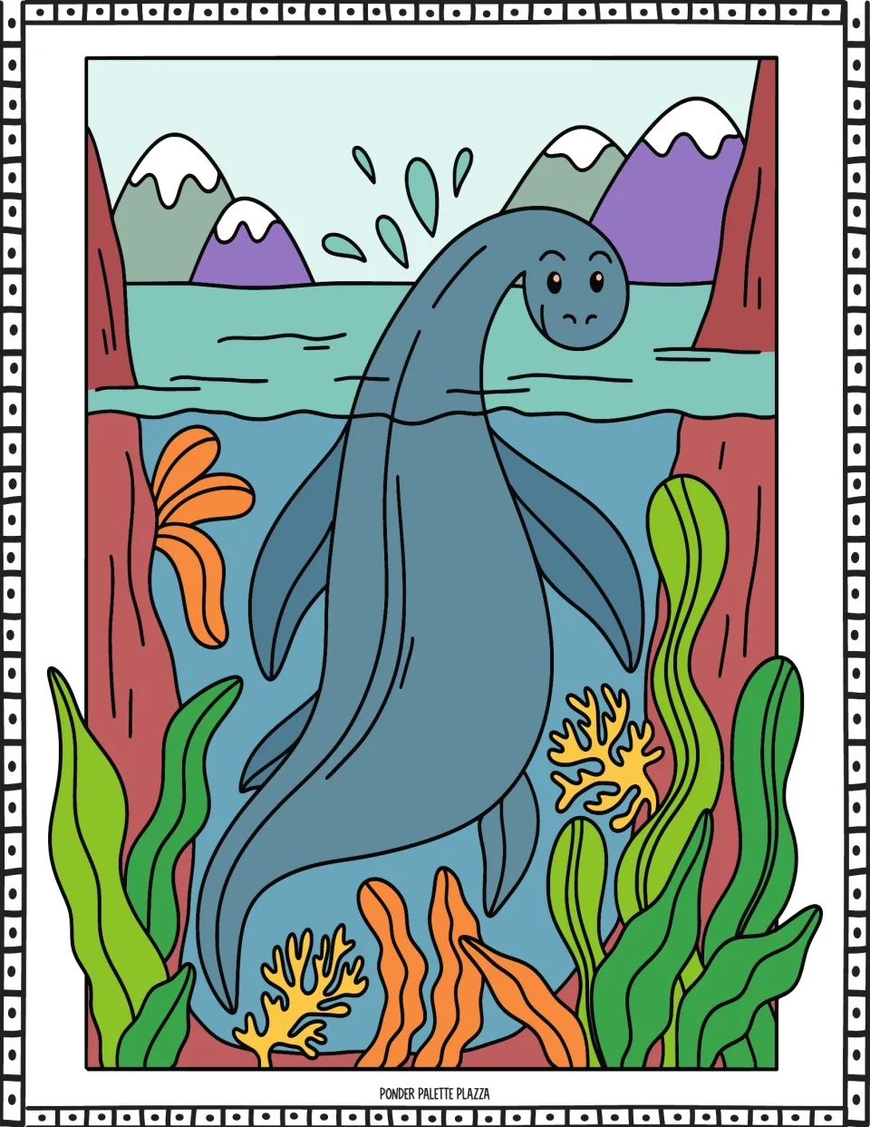 Color reference for the dinosaur coloring activity: a long-necked swimming reptile among underwater plants.