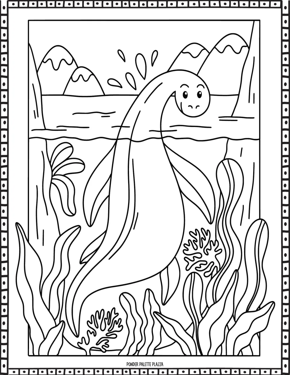 Coloring sheet for the dinosaur activity: a long-necked swimming reptile beneath snowcapped mountains.
