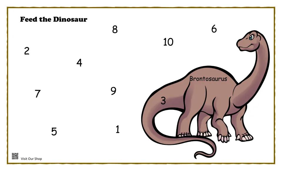 Feed the Dinosaur number mat: a Brontosaurus with the numbers 1 to 10 scattered around it for number recognition practice