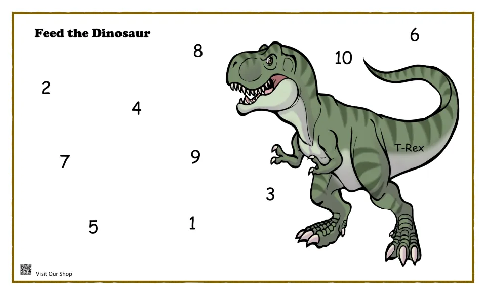 Feed the Dinosaur T-Rex mat: a green T-Rex with numbers 1 to 10 spread across the page for students to find and identify