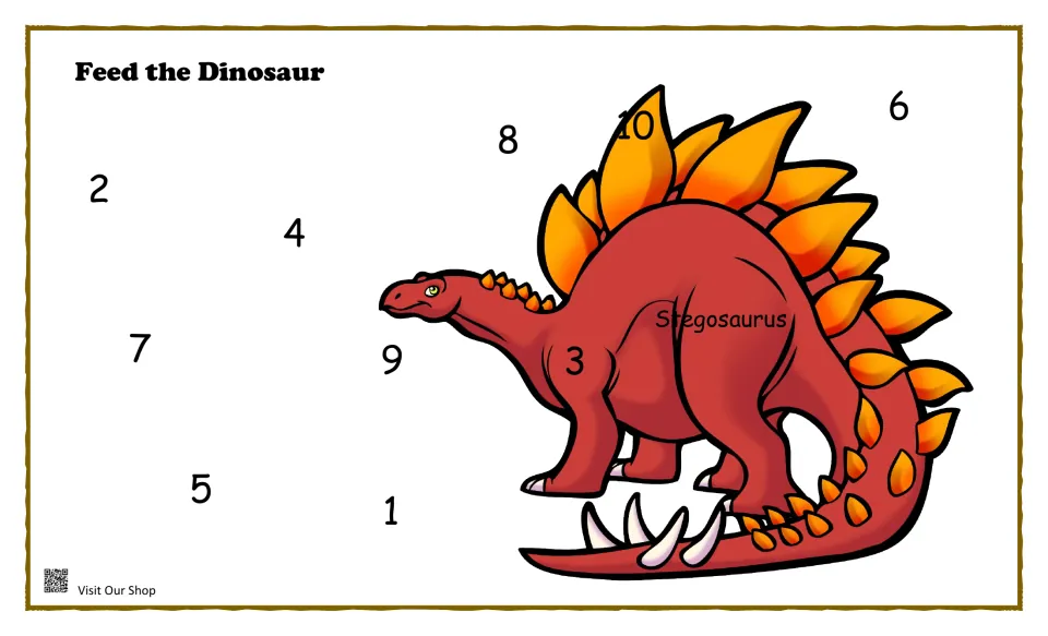 Feed the Dinosaur Stegosaurus mat: a red Stegosaurus with numbers 1 to 10 placed around it for number recognition