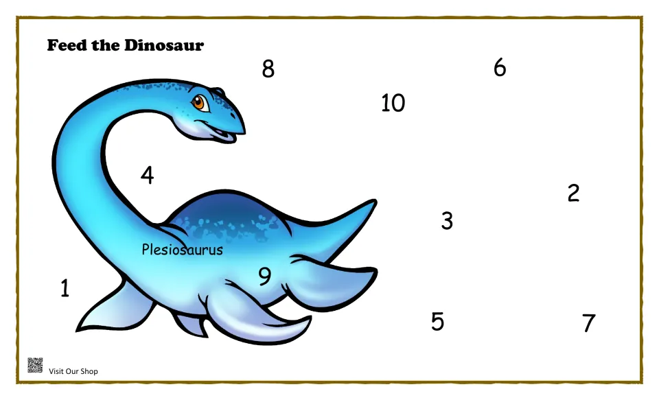 Feed the Dinosaur Plesiosaurus mat: a blue sea reptile with numbers 1 to 10 scattered around it to find in order