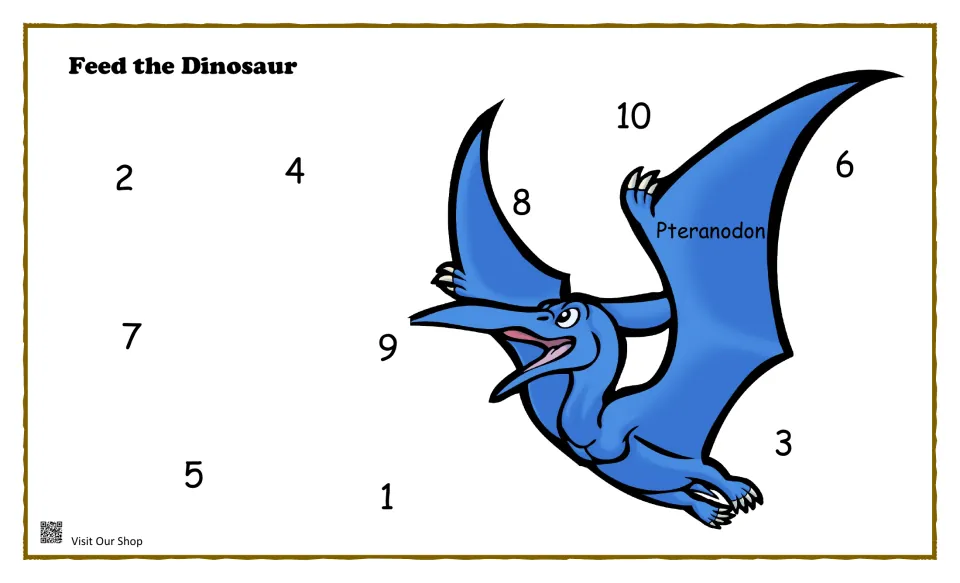 Feed the Dinosaur Pteranodon mat: a flying blue Pteranodon with numbers 1 to 10 around its wings for number identification