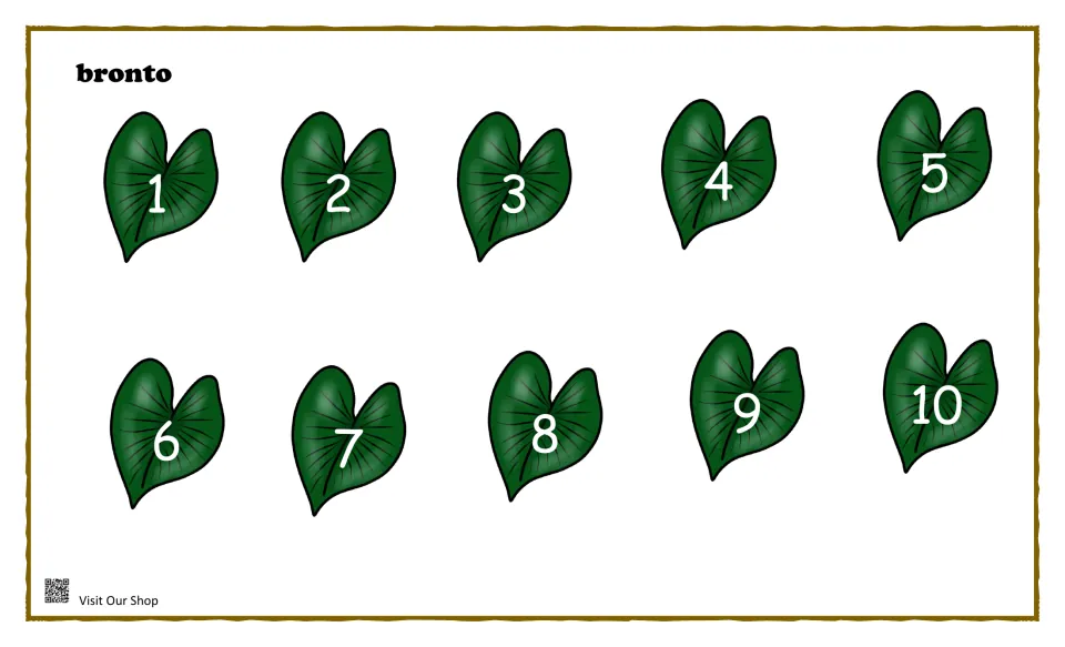 Brontosaurus food cards: ten dark green leaves numbered 1 to 10, labeled bronto, to cut out and match to the mat numbers