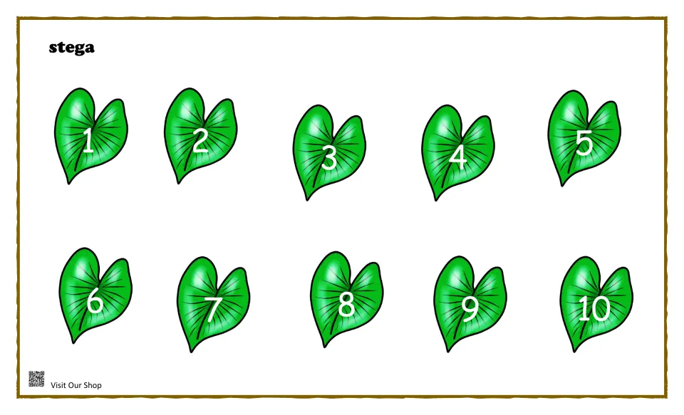 Stegosaurus food cards: ten bright green leaves numbered 1 to 10, labeled stega, to cut out and put in counting order