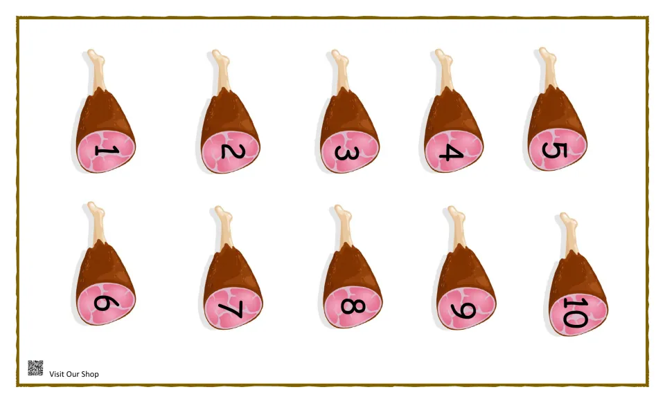 Numbered meat cards: ten drumsticks marked 1 to 10 for students to cut out and match to numbers on a dinosaur feeding mat