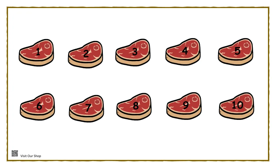 Numbered steak cards: ten red steaks marked 1 to 10 for cutting out and placing on the matching numbers of a feeding mat