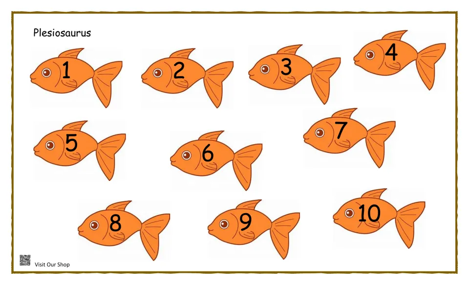 Plesiosaurus food cards: ten orange fish numbered 1 to 10 to cut out and match to the sea reptile mat