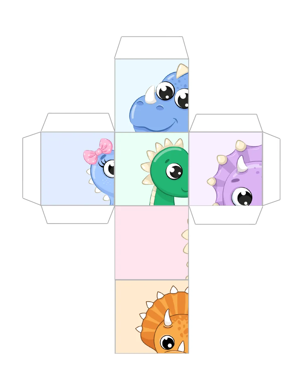 Dinosaur puzzle cube 1: head sections of blue, green, purple, and orange dinosaurs, plus pink dinosaur spikes