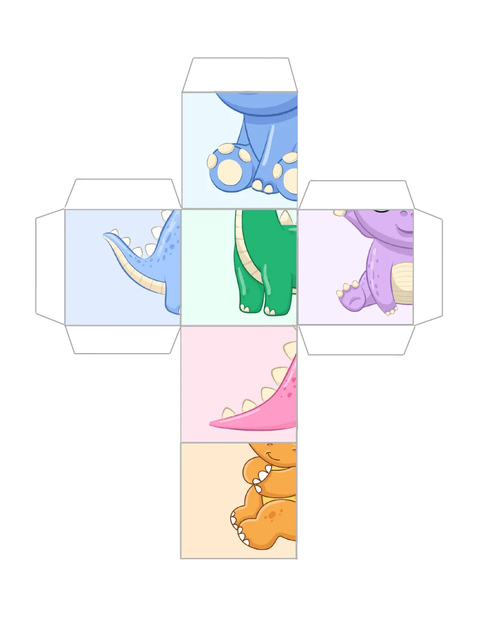 Dinosaur puzzle cube 2: blue dinosaur feet and tail, green legs, purple and orange bodies, and a pink tail