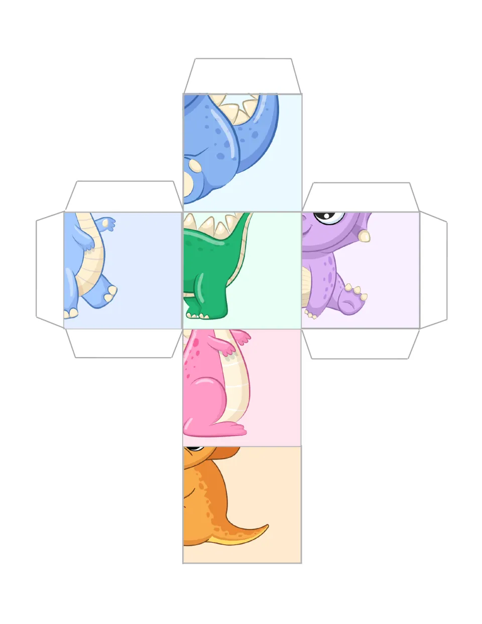 Dinosaur puzzle cube 3: blue body and tail sections, green hind legs, purple and pink bodies, and an orange tail
