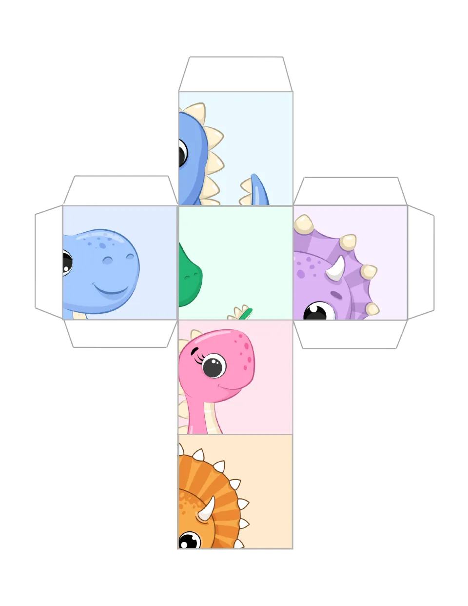 Dinosaur puzzle cube 4: blue and green face sections, purple and orange frills, and a pink dinosaur head