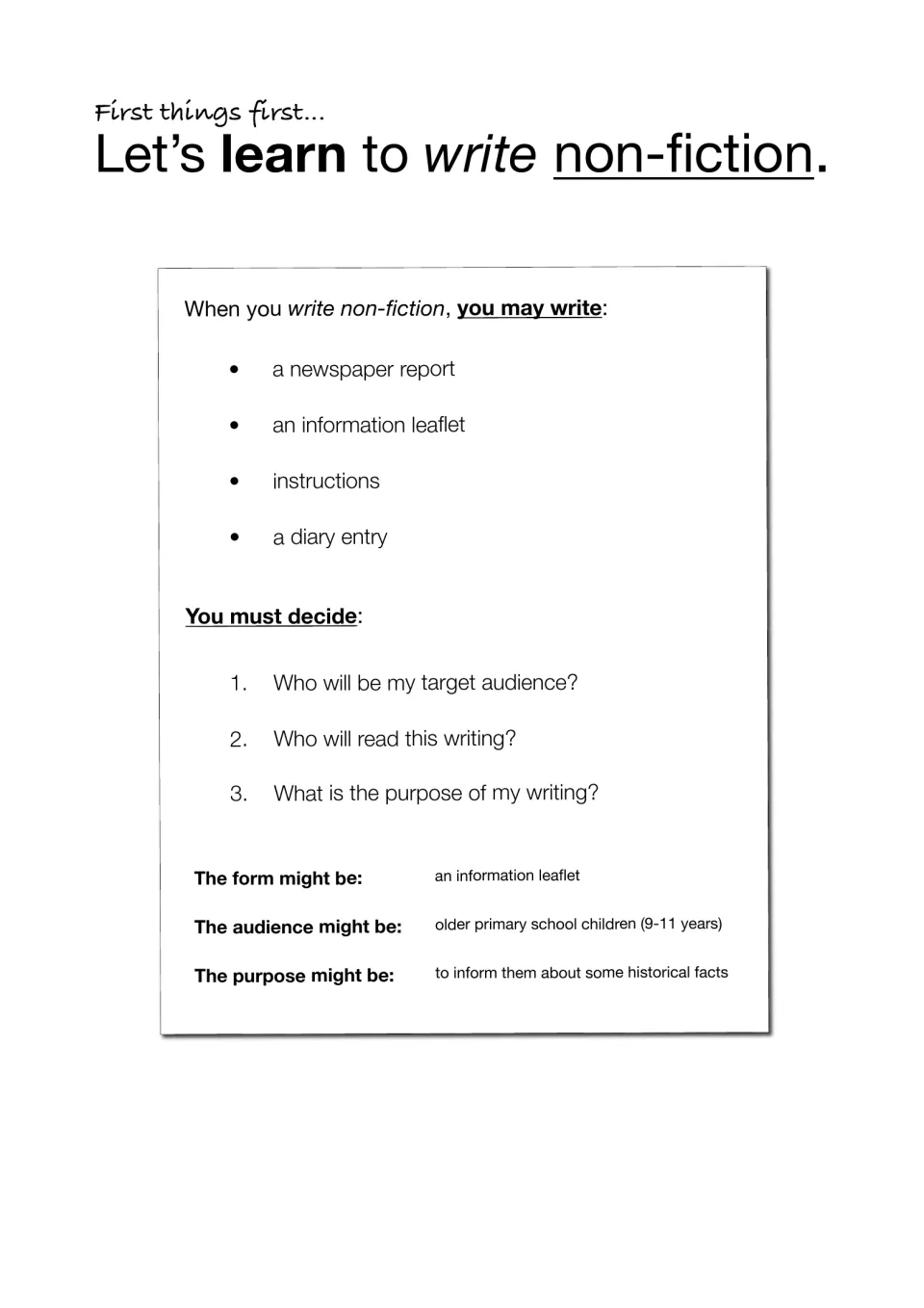 Intro to non-fiction: lists report, leaflet, instructions and diary forms, then asks students to set audience and purpose