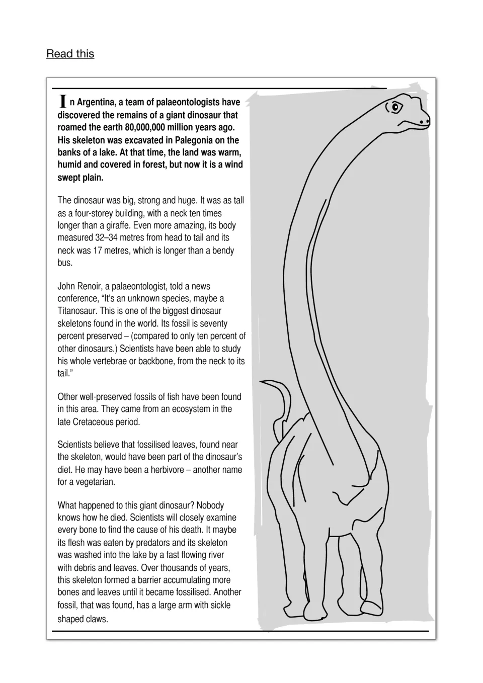 Read this: news-style text on a giant dinosaur skeleton found in Argentina, covering its size, diet and possible death