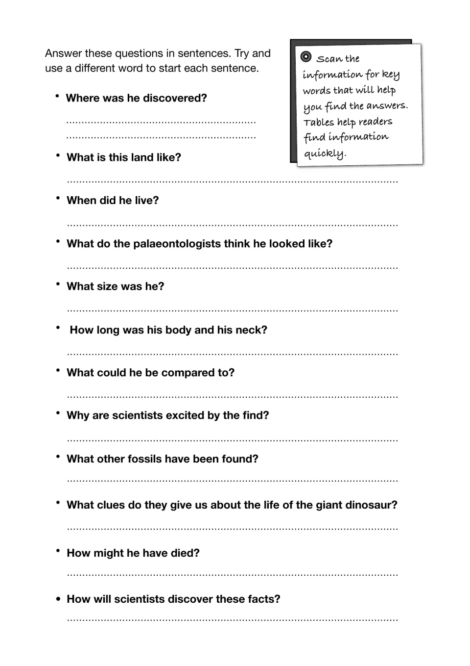 Reading comprehension on dinosaur article: 12 questions on location, size, fossils and death, answered in full sentences