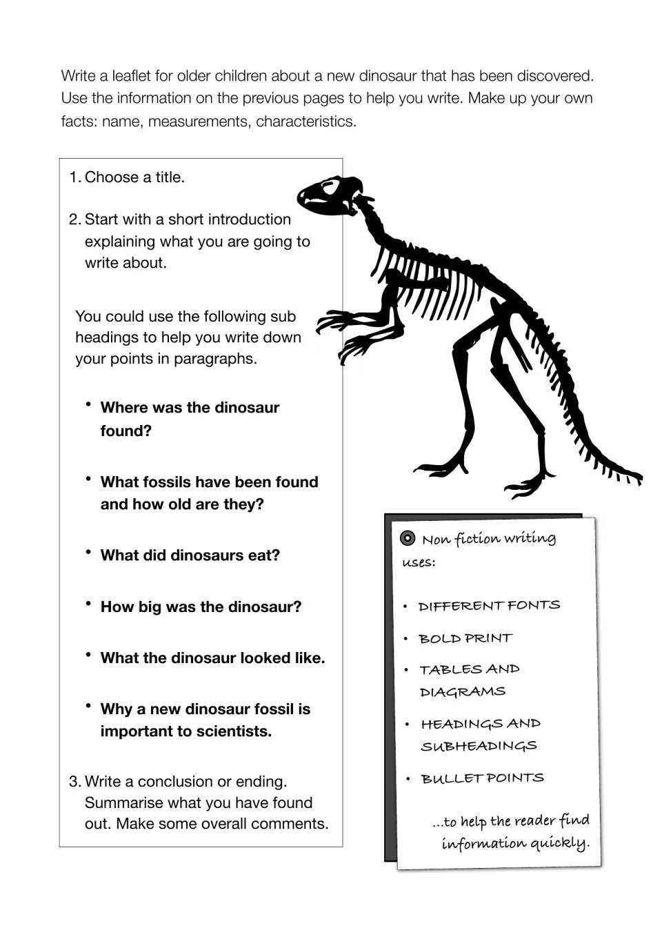Leaflet writing task: students invent a new dinosaur and write a title, introduction, subheaded paragraphs and conclusion