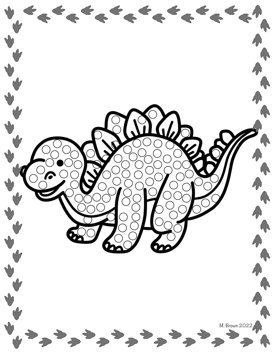 Stegosaurus dot art: students dot each circle on the smiling dinosaur's head, body and legs below its back plates